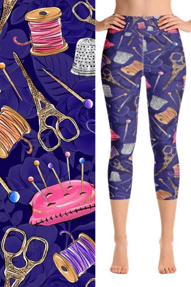 Seamstress Delight Print Purple Capri Leggings - Craft & Sewing Inspired Fashion - Comfortable, Artistic Legwear