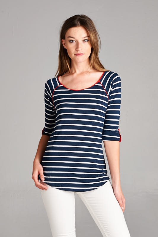 Striped Navy Blue Boat Neck 3/4 Sleeved Top with Contrast Red Piping