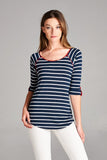 Striped Navy Blue Boat Neck 3/4 Sleeved Top with Contrast Red Piping