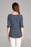 Striped Navy Blue Boat Neck 3/4 Sleeved Top with Contrast Red Piping