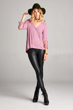 Loose Fit V-neck Top With 3/4 Sleeve and Lace Detail