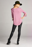 Loose Fit V-neck Top With 3/4 Sleeve and Lace Detail