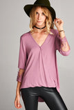 Loose Fit V-neck Top With 3/4 Sleeve and Lace Detail
