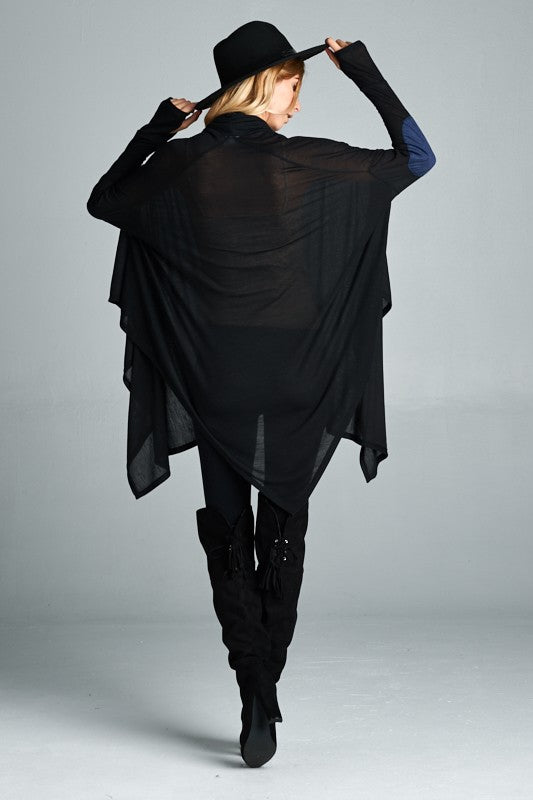Loose Fit Cowl Neck Poncho Tunic With Elbow Patches