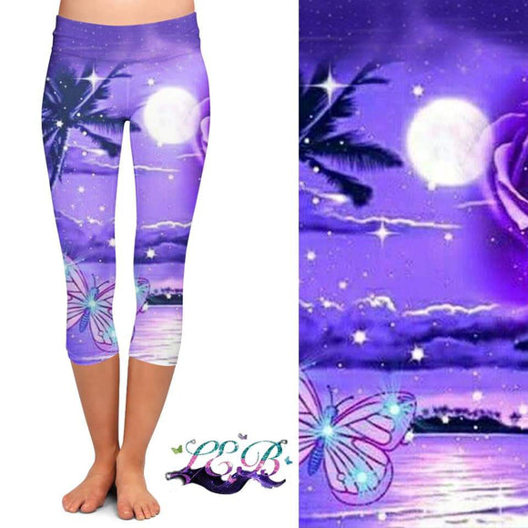 Purple Paradise Moonlight Beach Print Capri Leggings