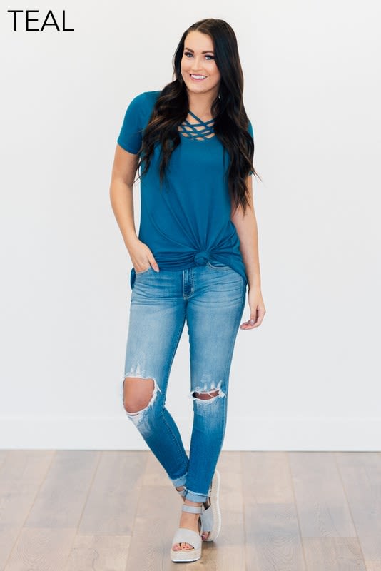 Lattice Front Cage Short Sleeve Top