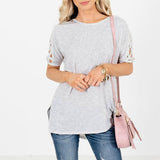 Crisscross Lattice Shoulder Half Sleeve Side Split Hi - Low Hem Oversized Top