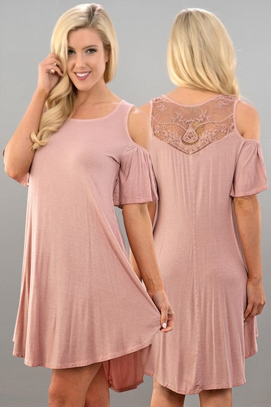 Lace Accented Cold Shoulder Dress w/ Pockets