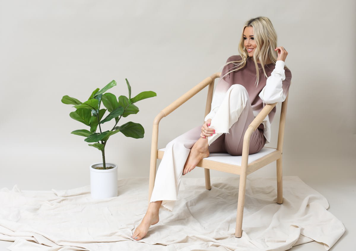 Cotton Ombre Dip Dye French Terry Long Sleeve Top Wide Leg Lounge Pants w/ Pockets Tracksuit SET - Mocha