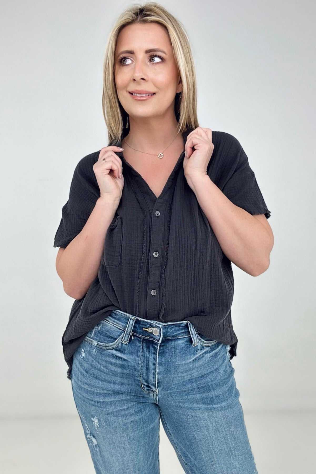 Raw Edge Button Down Cotton Shirt