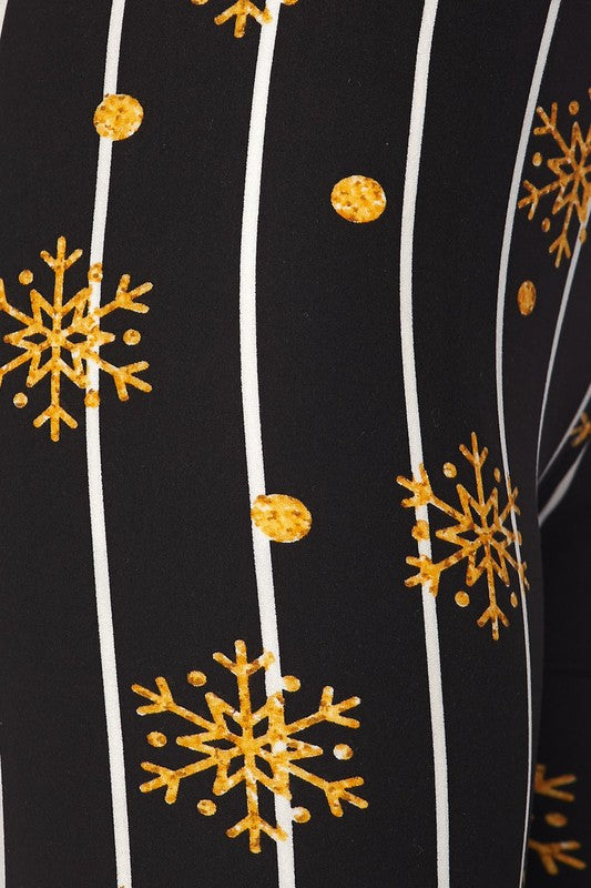 Gold Snowflake Pinstripe Print Holiday Soft Leggings - Adult & Kid Sizes
