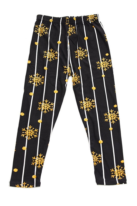Gold Snowflake Pinstripe Print Holiday Soft Leggings - Adult & Kid Sizes