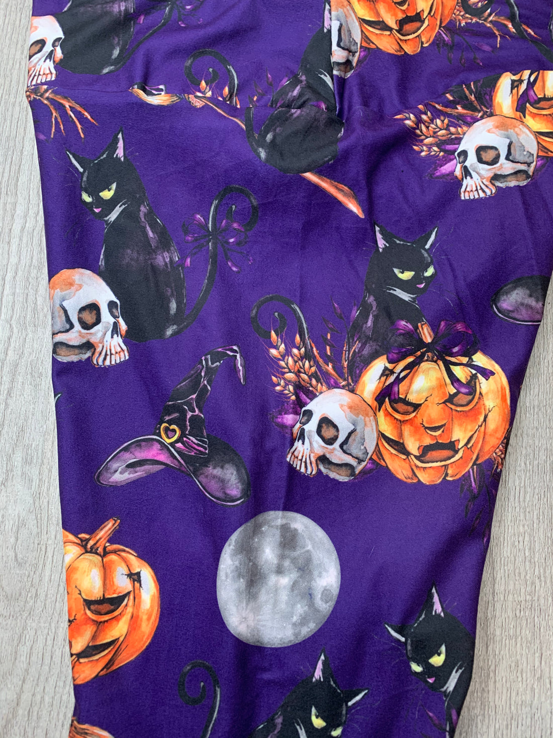 Wicked Halloween Print Purple Leggings - Witch's Hat Cat