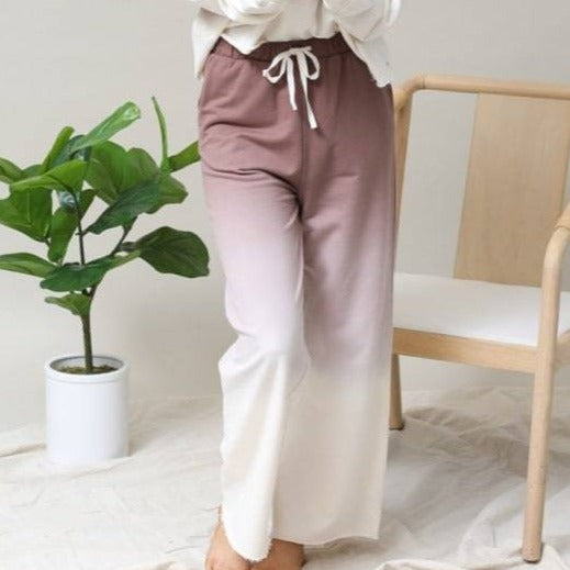 Cotton Ombre Dip Dye French Terry Long Sleeve Top Wide Leg Lounge Pants w/ Pockets Tracksuit SET - Mocha
