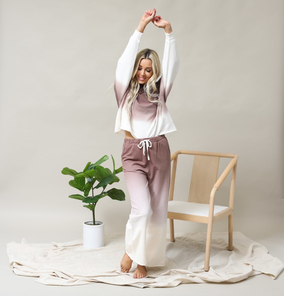 Cotton Ombre Dip Dye French Terry Long Sleeve Top Wide Leg Lounge Pants w/ Pockets Tracksuit SET - Mocha
