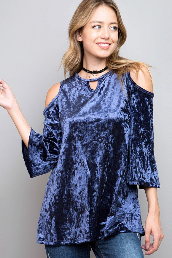 Crushed Velvet Cold Shoulder Top - Blue