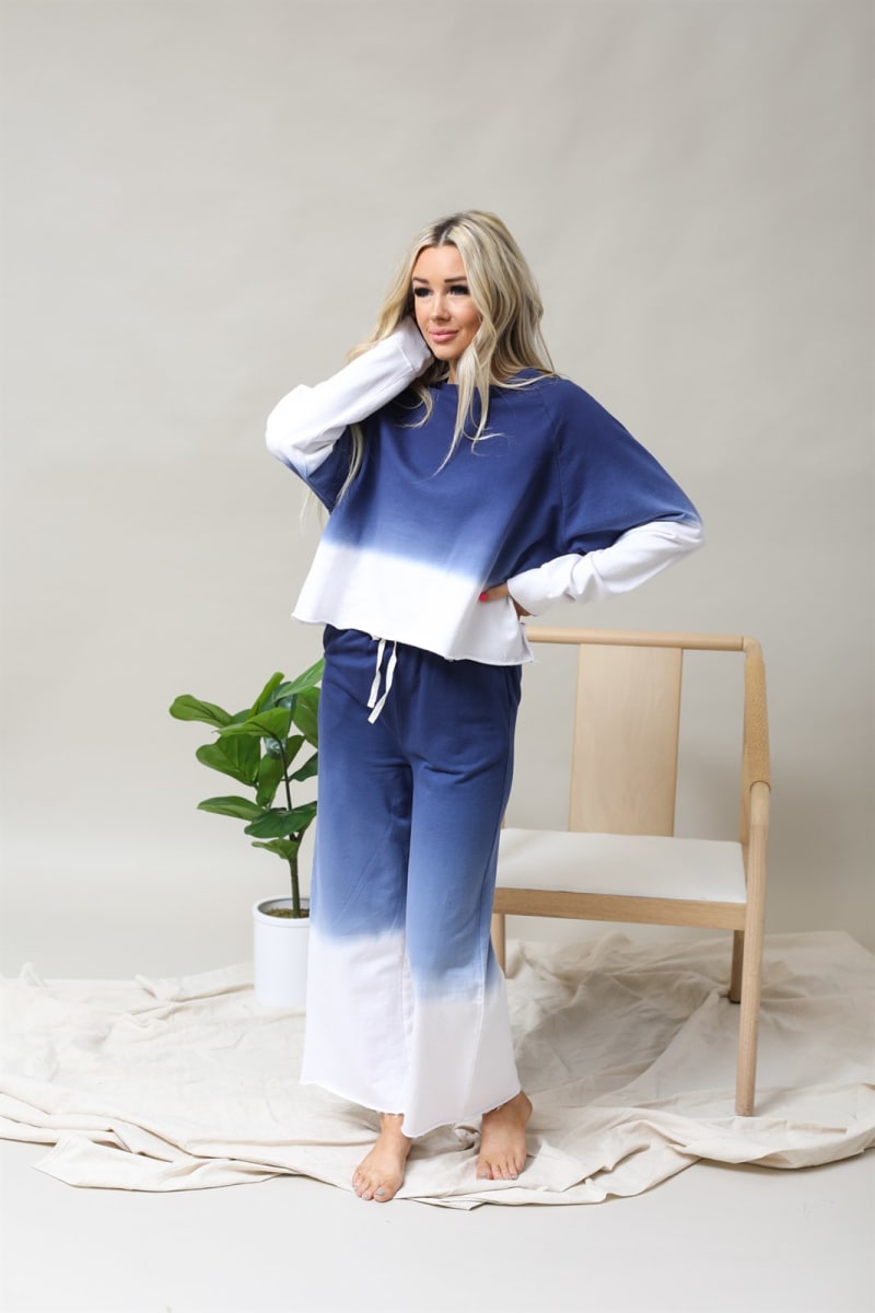 Cotton Ombre Dip Dye French Terry Long Sleeve Top Wide Leg Lounge Pants w/ Pockets Tracksuit SET - Navy