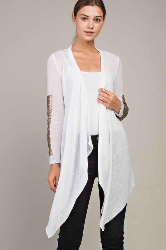 Waterfall Cardigan with Sequin Patch Sleeve