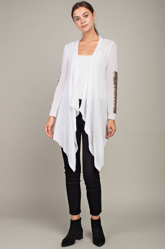 Waterfall Cardigan with Sequin Patch Sleeve