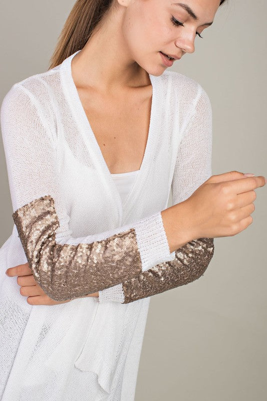 Waterfall Cardigan with Sequin Patch Sleeve