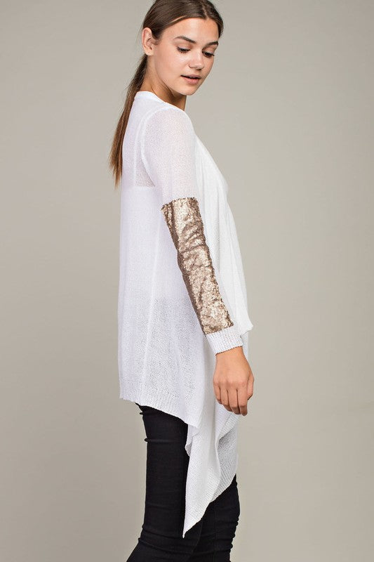 Waterfall Cardigan with Sequin Patch Sleeve