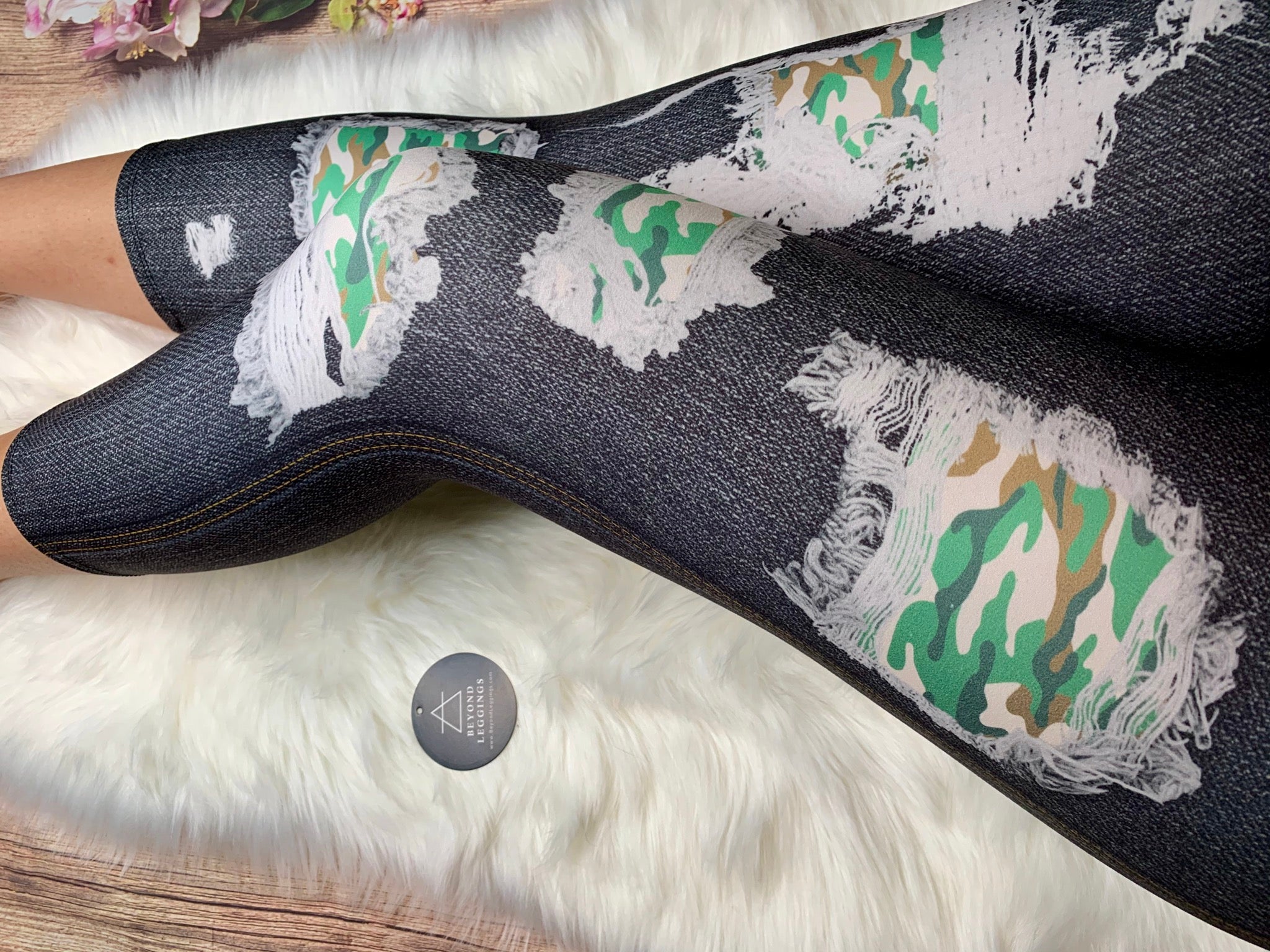 Green Camo Patch Black Denim Print Capri Soft Leggings