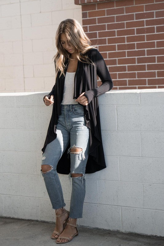 Cascading Open Front Black Cardigan w/ Thumbholes