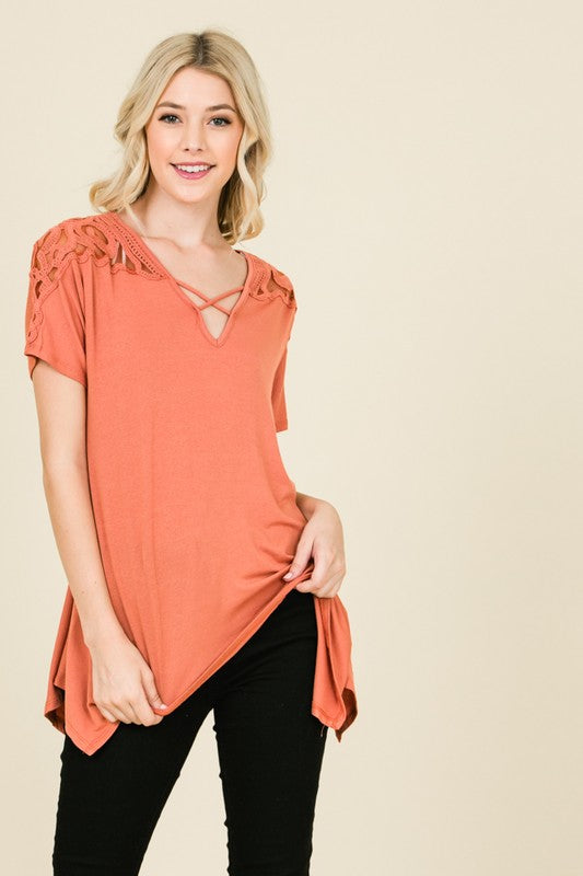 Lace Shoulder Crisscross V-neck Top