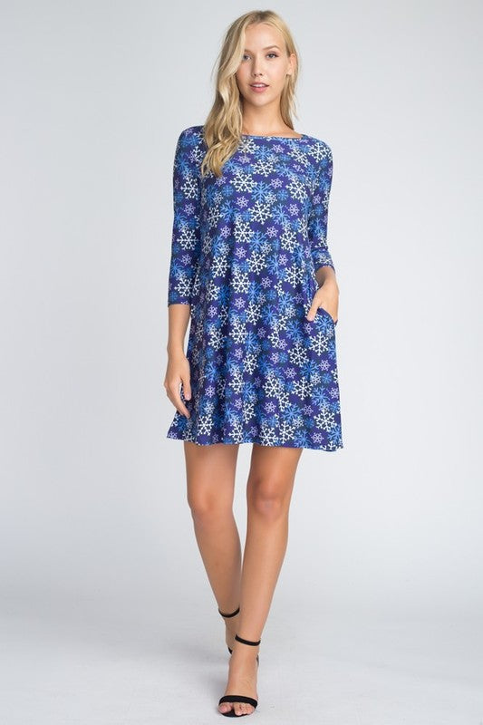 Let It Snow Blue/Purple/White Snowflake Printed Dress With Pockets