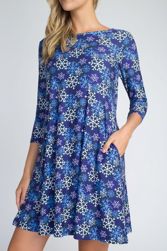 Let It Snow Blue/Purple/White Snowflake Printed Dress With Pockets