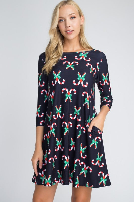 Candy Cane Forest Black Printed Dress With Pockets