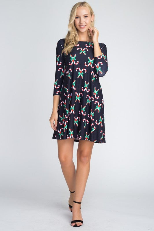 Candy Cane Forest Black Printed Dress With Pockets