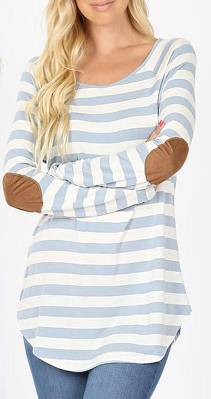 Boat Neck Striped Long Sleeve Elbow Patch Top - Blue