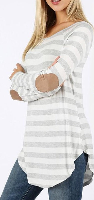 Boat Neck Striped Long Sleeve Elbow Patch Top - Gray