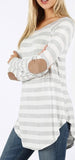 Boat Neck Striped Long Sleeve Elbow Patch Top