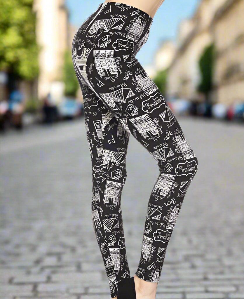 Paris France Print Black Leggings