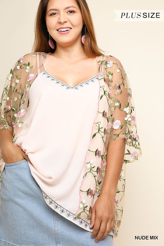 Sheer Floral Embroidered Open Front Kimono