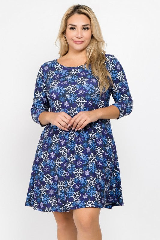Let It Snow Blue/Purple/White Snowflake Printed Dress With Pockets
