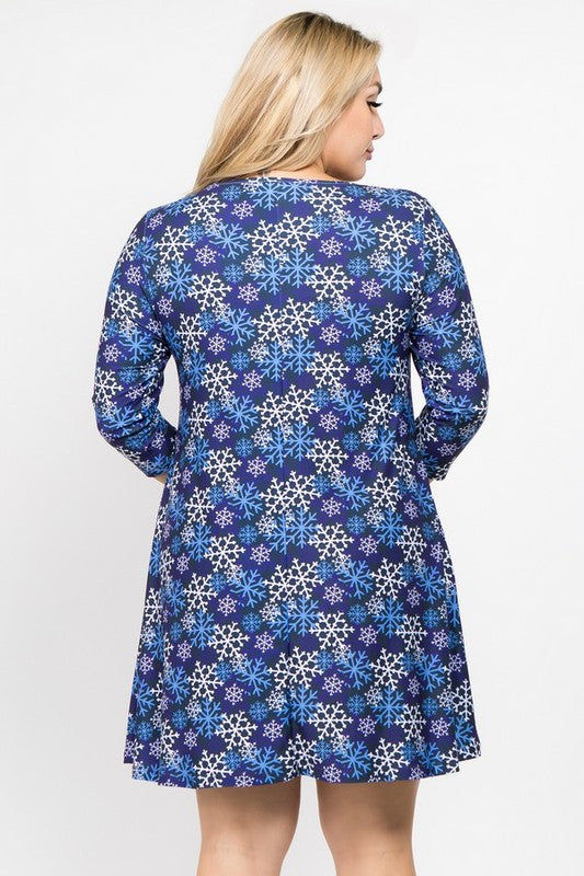 Let It Snow Blue/Purple/White Snowflake Printed Dress With Pockets