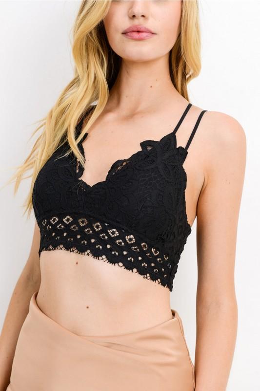 Women's Crochet Sexy Lace Bralette with Removable Pads and Cross Back Adjustable Strap Wirefree