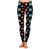Red & Blue Roses Puzzle Butterfly Print Soft Stretchy Black Leggings