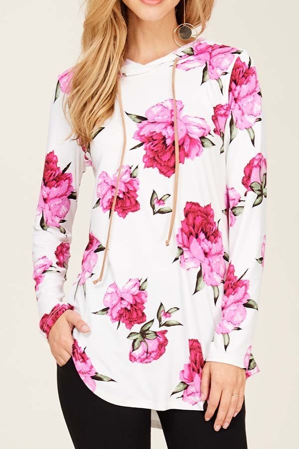 Pink Floral White Hooded Shirt