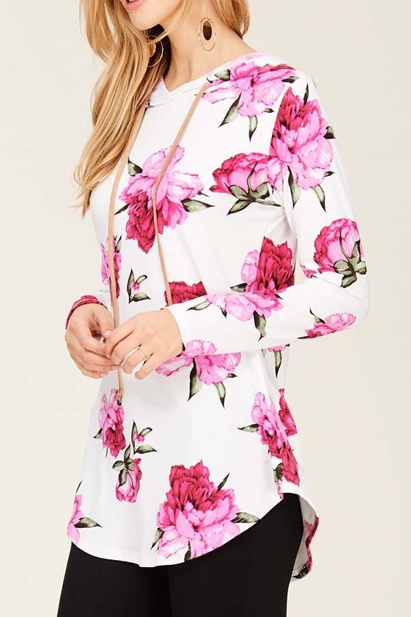 Pink Floral White Hooded Shirt