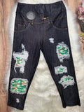 Green Camo Patch Black Denim Print Capri Soft Leggings