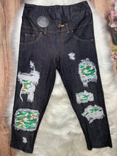Green Camo Denim Patch Print Capri Soft Leggings