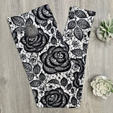 Black And White FLoral Rose Lace Print Leggings