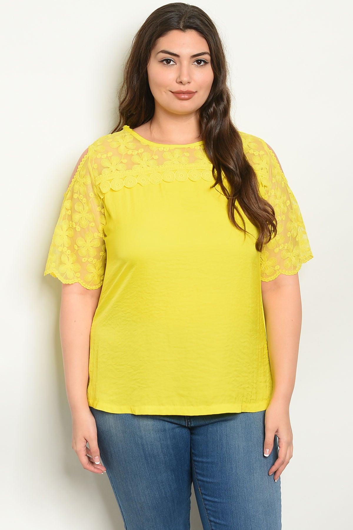 Yellow Flower Lace Cold Shoulder Top