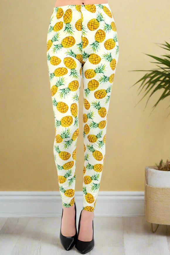 Cream Pineapple Print Soft Leggings