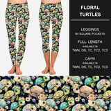 Floral Turtle Print Capri Soft Black Leggings W/ Pockets