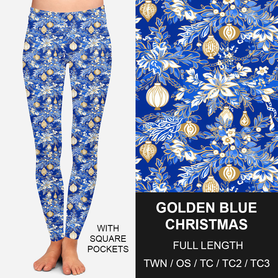 Golden Blue Christmas Leggings w/ Pockets
